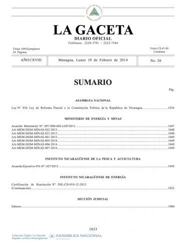 Ley No. 854. Ley de reforma parcial a la Constitución Política de Nicaragua